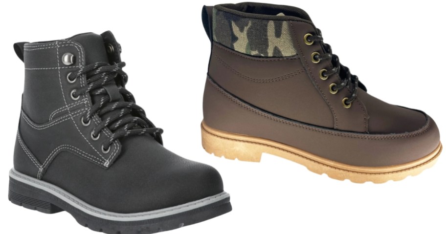 a boys Lug style boot in black and a boy's lace up boot in brown with camo detail at the top