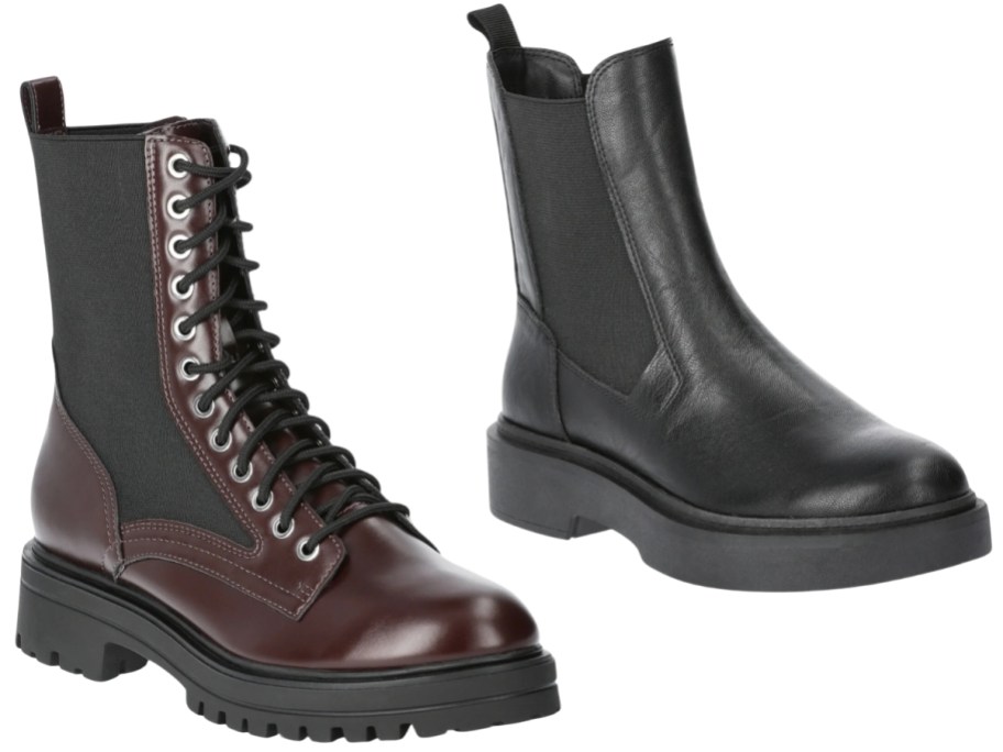 a women's tall dark brown and black lace up combat boot and a women's pull on Chelsea style boot in black