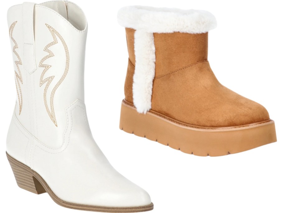 a women's white cowboy boot with tan stitching and a women's tan and faux shearling suede bootie shoe