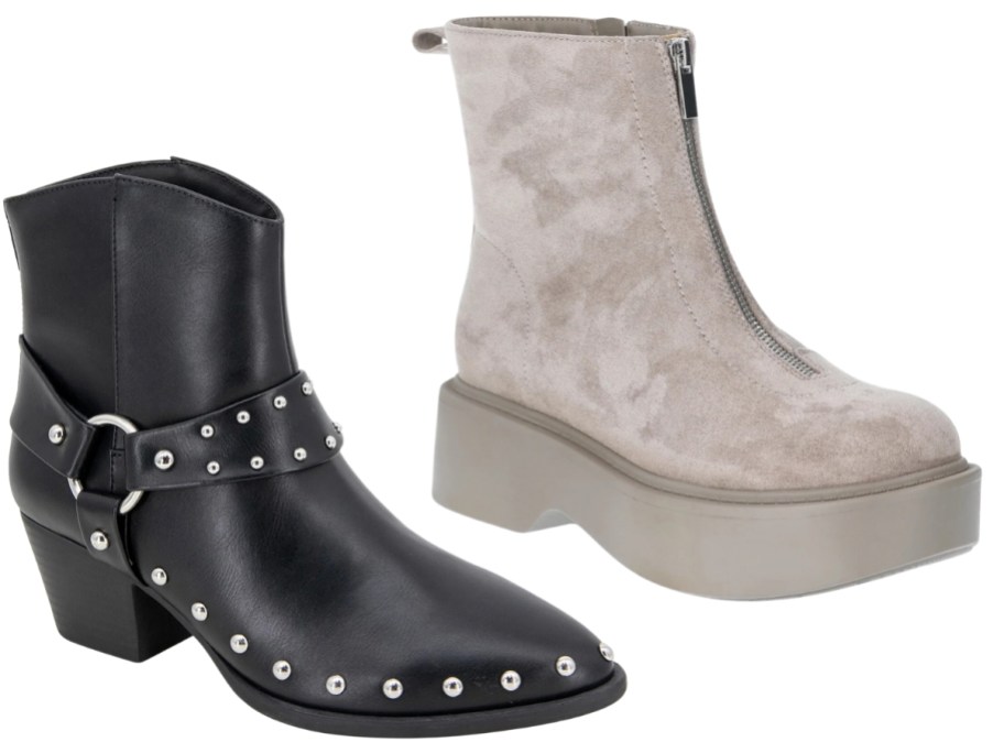 a women's above ankle boot in black with silver stud detailing, and a women's grey faux suede platform boot