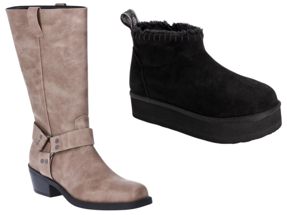 a women's tall moto style tan color boot and a black platform faux suede lined bootie