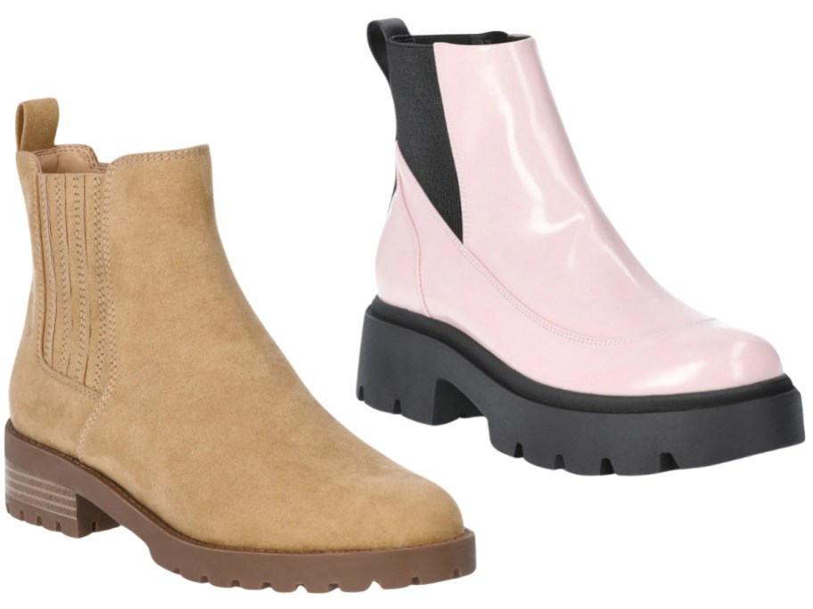 a women's tan color Chelsea style boot and a pink and black platform Chelsea style boot