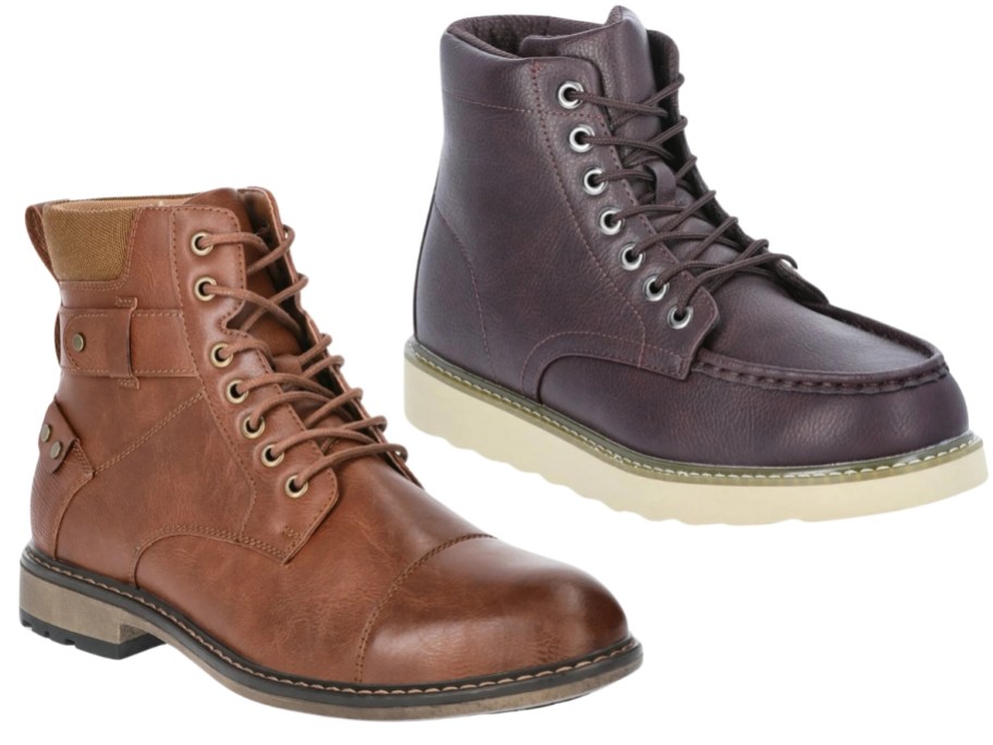 a men's brown lace up boot and black lace up boot