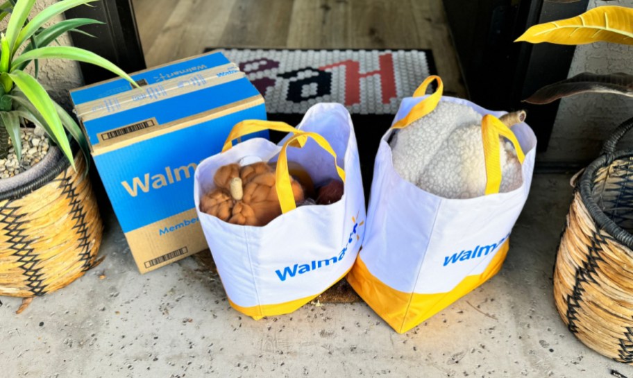 Walmart Plus delivery bags on a front porch