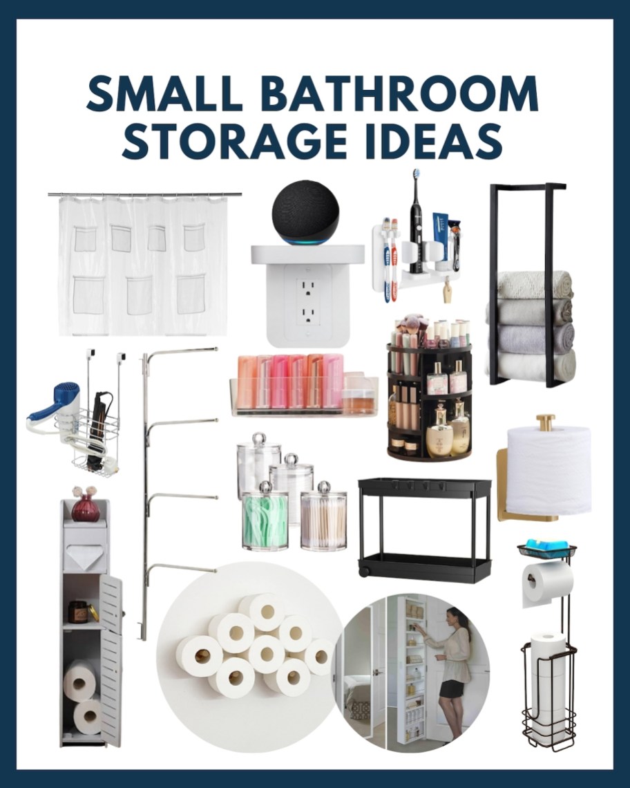 collage of small bathroom storage ideas 