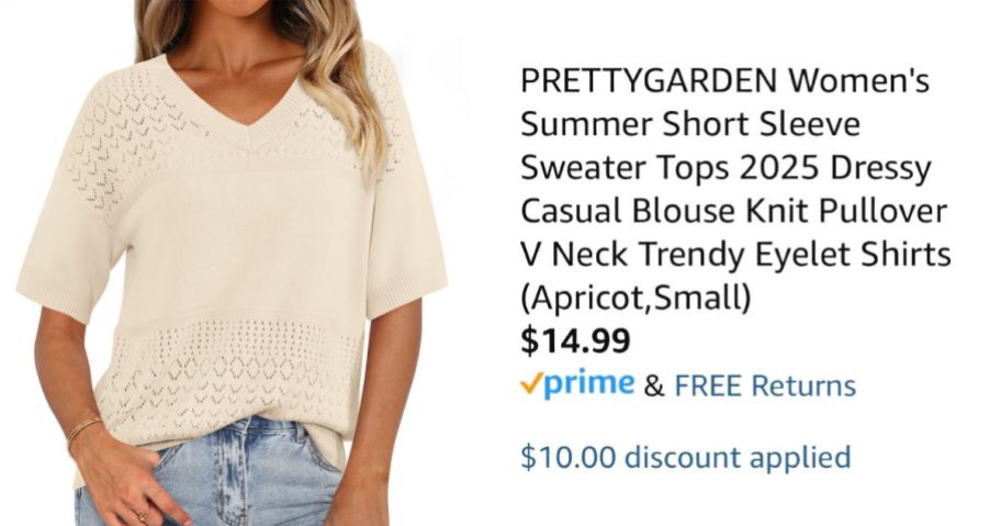 woman wearing short sleeve sweater next to Amazon pricing information