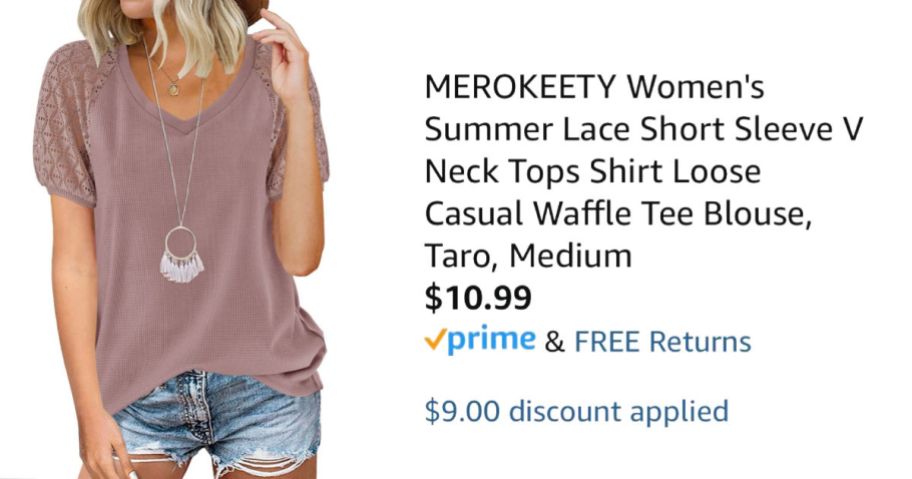 woman wearing purple shirt next to Amazon pricing information