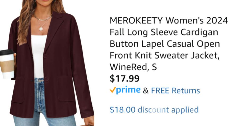 woman wearing wine colored blazer next to Amazon pricing information