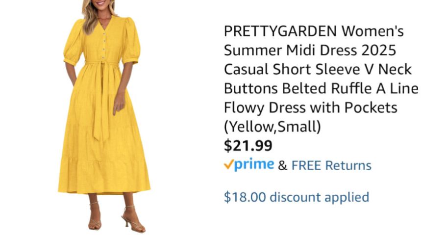 woman wearing yellow dress next to Amazon pricing information