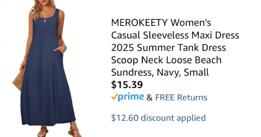 woman wearing a tank dress next to Amazon pricing information