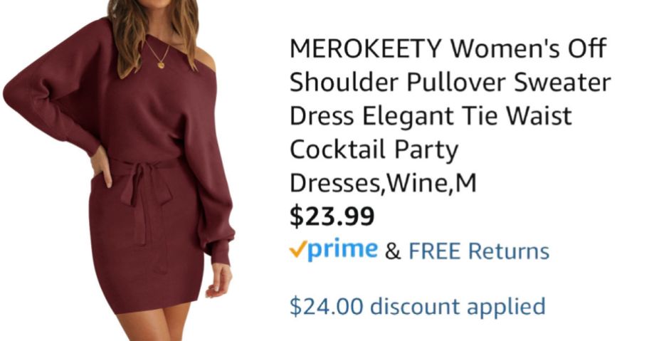 woman wearing wine-colored dress next to Amazon pricing information