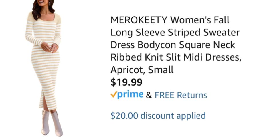 woman wearing striped dress next to Amazon pricing information