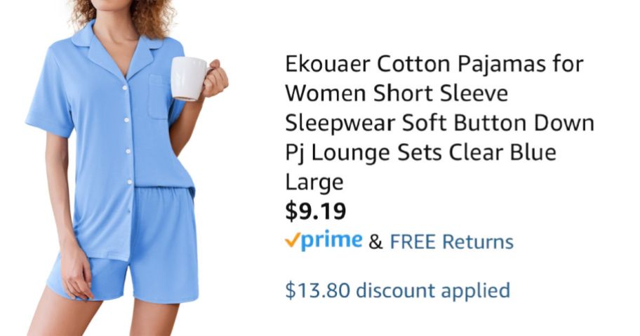 woman wearing blue pajamas next to Amazon pricing information