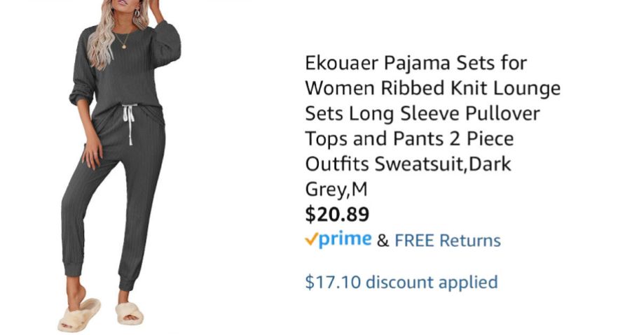 woman wearing gray pajamas next to Amazon pricing information