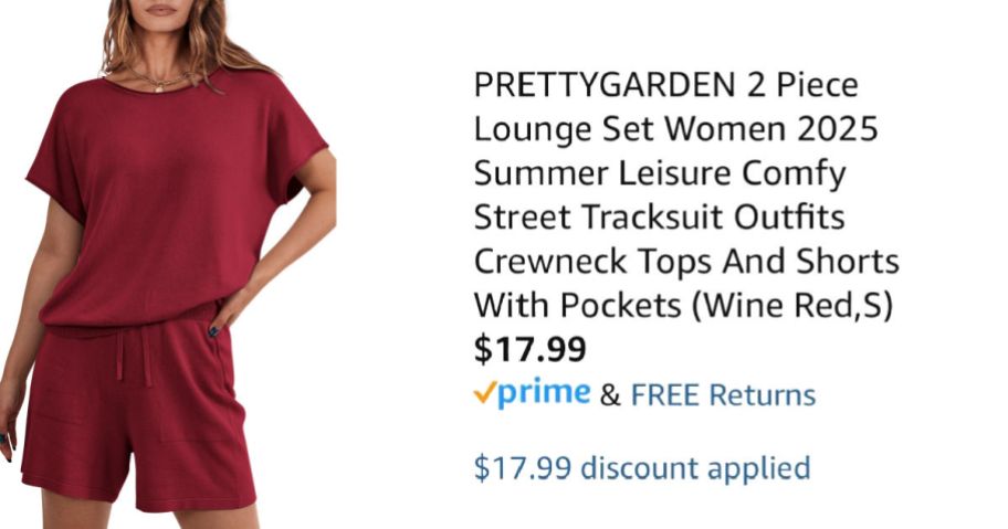 woman wearing red lounge set next to Amazon pricing information