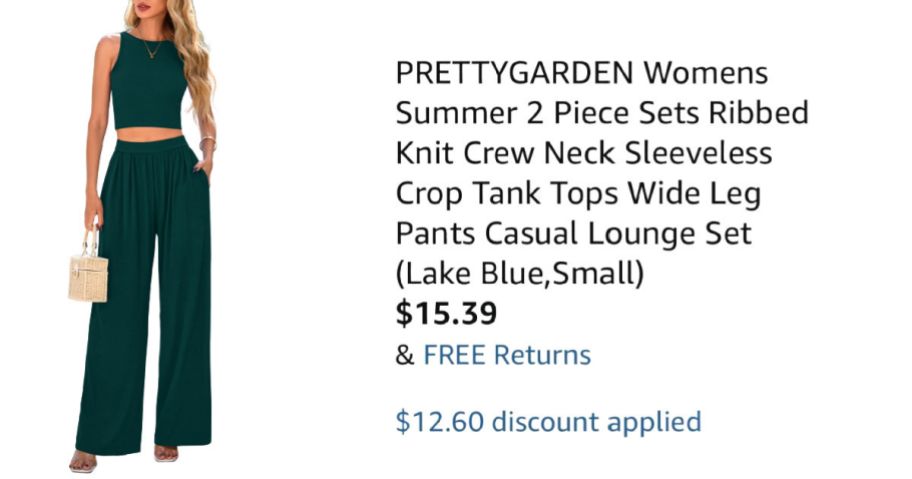 woman wearing green outfit next to Amazon pricing information