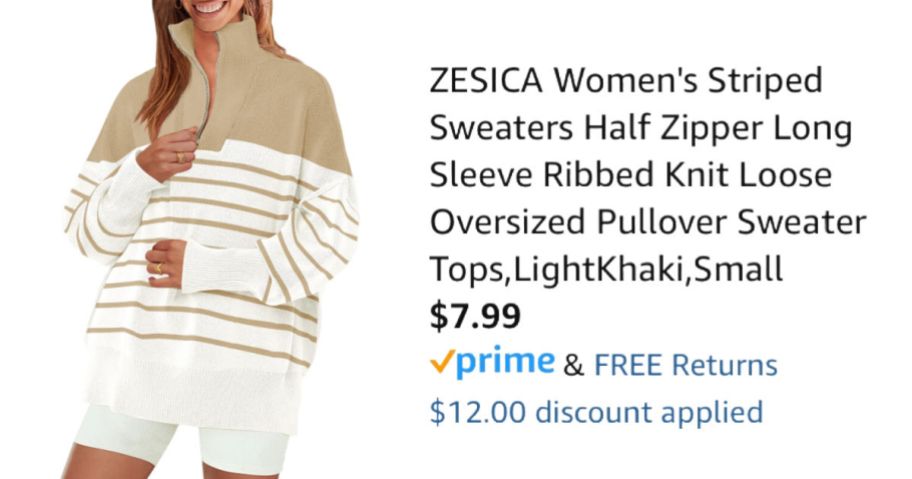 woman wearing striped half-zip sweater next to Amazon pricing information