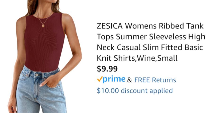 woman wearing wine colored tank top next to Amazon pricing information