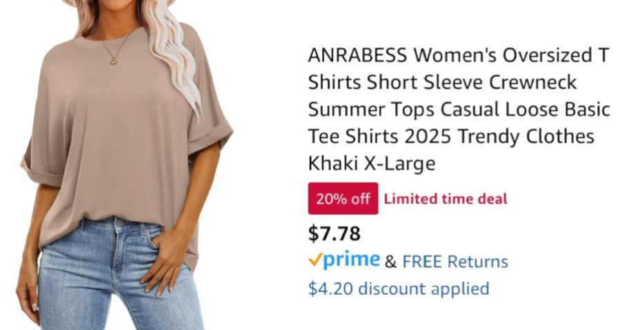 woman wearing tan shirt next to Amazon pricing information