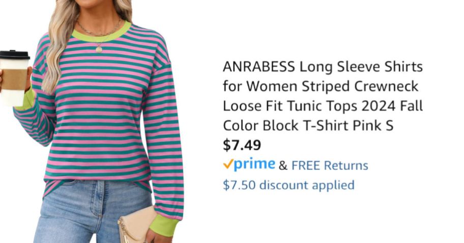 woman wearing a striped shirt next to Amazon pricing information