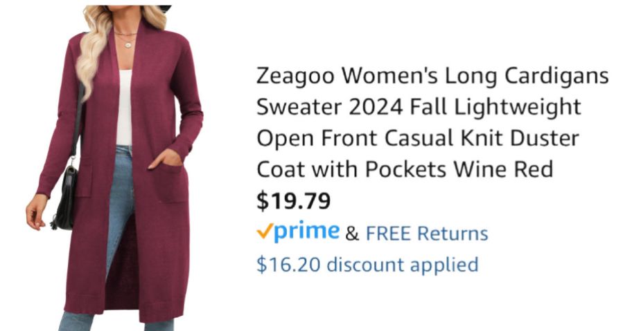 woman wearing burgundy cardigan next to Amazon pricing information