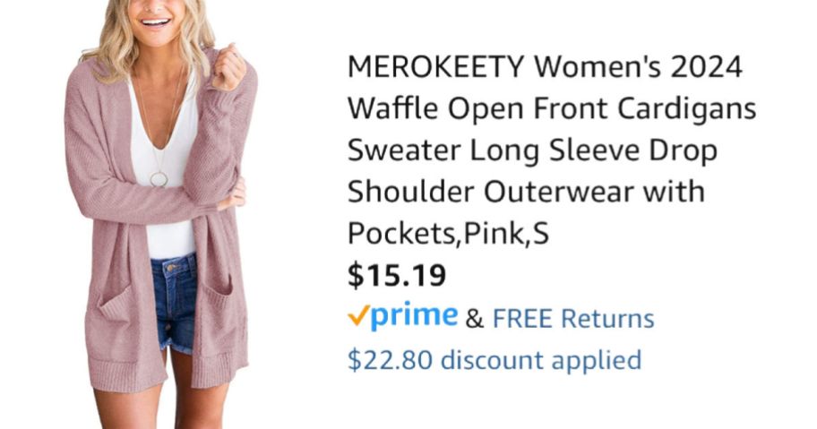 woman wearing pink cardigan next to Amazon pricing information