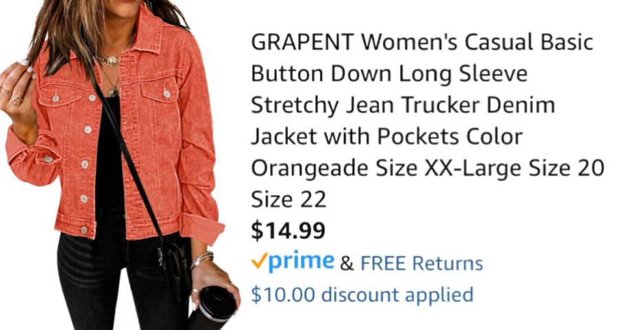 woman wearing orange denim jacket next to Amazon pricing information