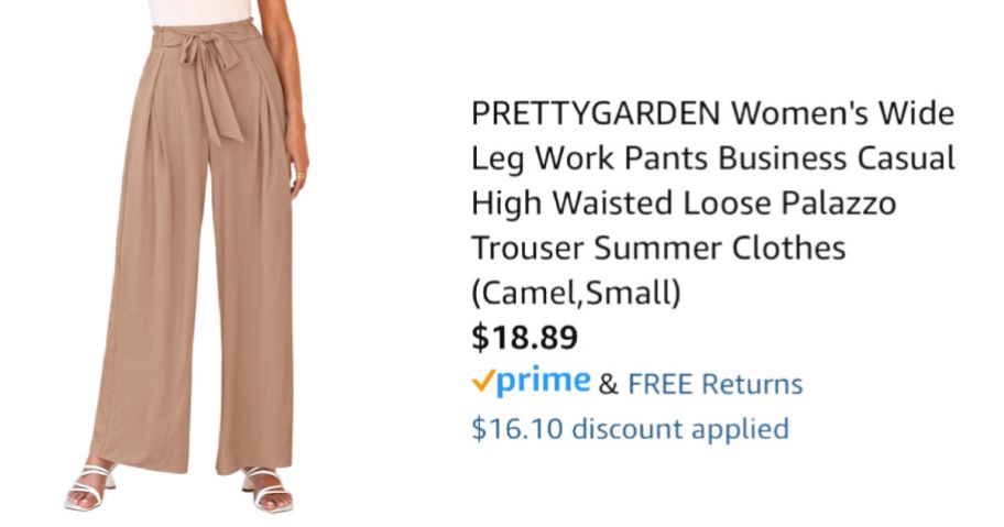 woman wearing tan pants next to Amazon pricing information