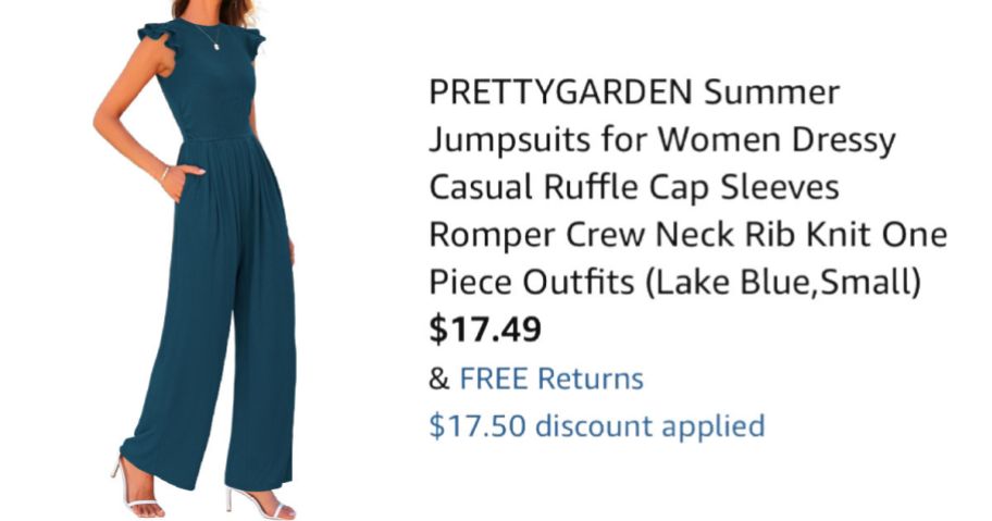 woman wearing teal jumpsuit next to Amazon pricing information