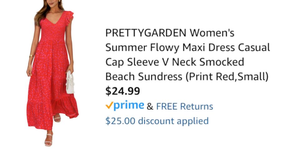 woman wearing red dress next to Amazon pricing information