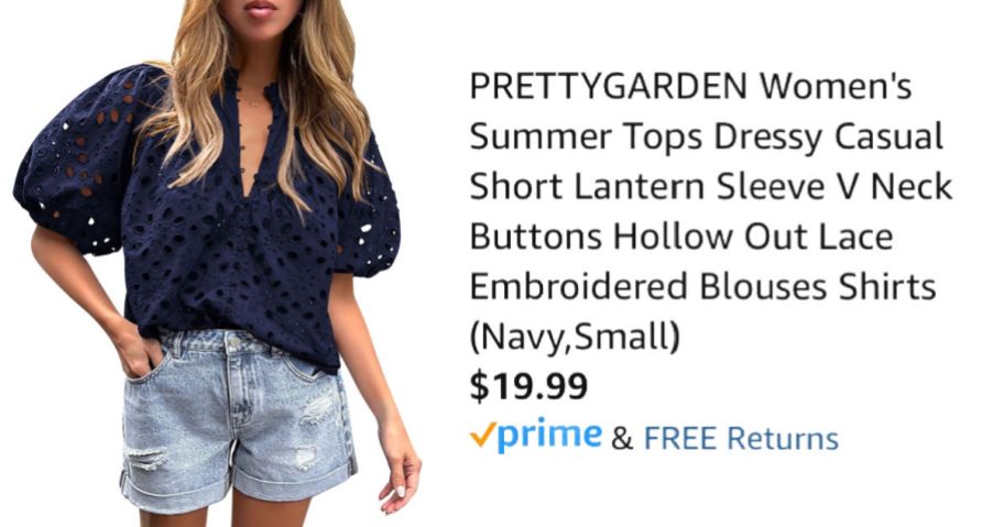 woman wearing navy blouse next to Amazon pricing information