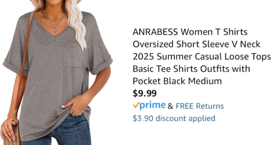 woman wearing tan v-neck next to Amazon pricing information