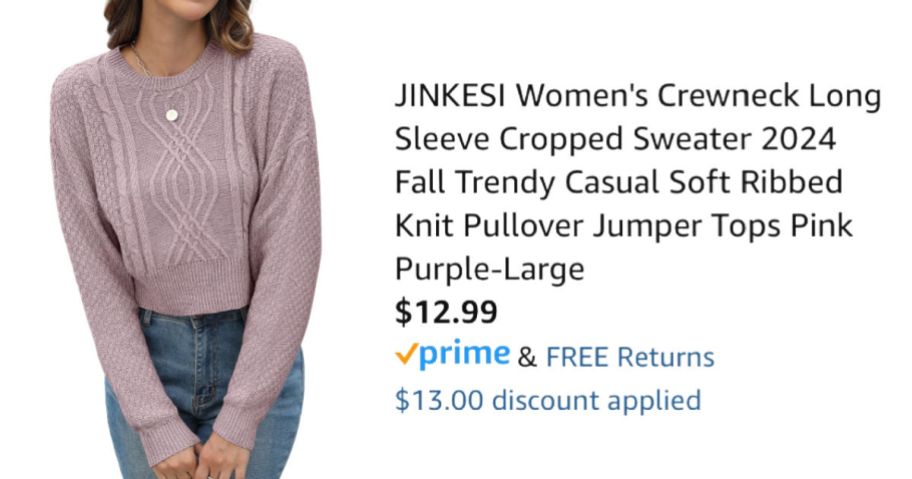 woman wearing purple sweater next to Amazon pricing information