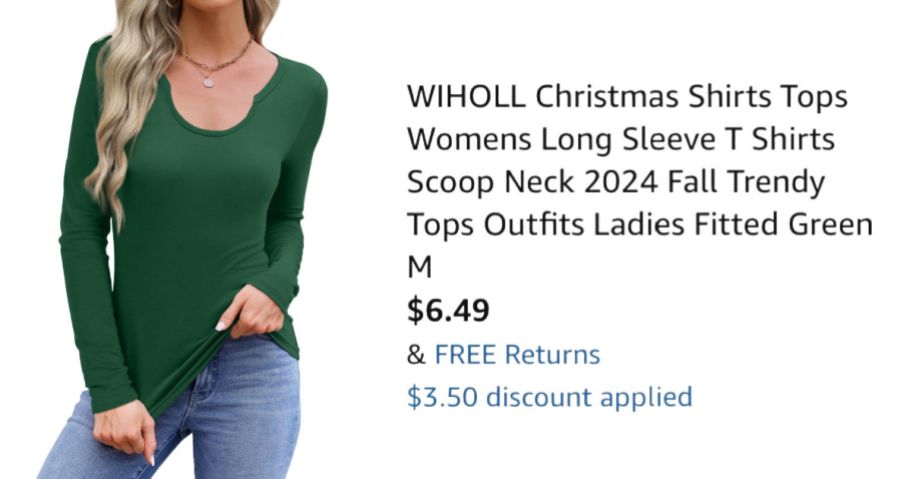 woman wearing green shirt next to Amazon pricing information