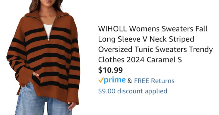 woman wearing striped sweater next to Amazon pricing information