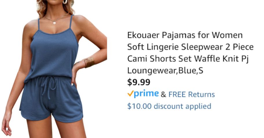 woman wearing blue lounge set next to Amazon pricing information