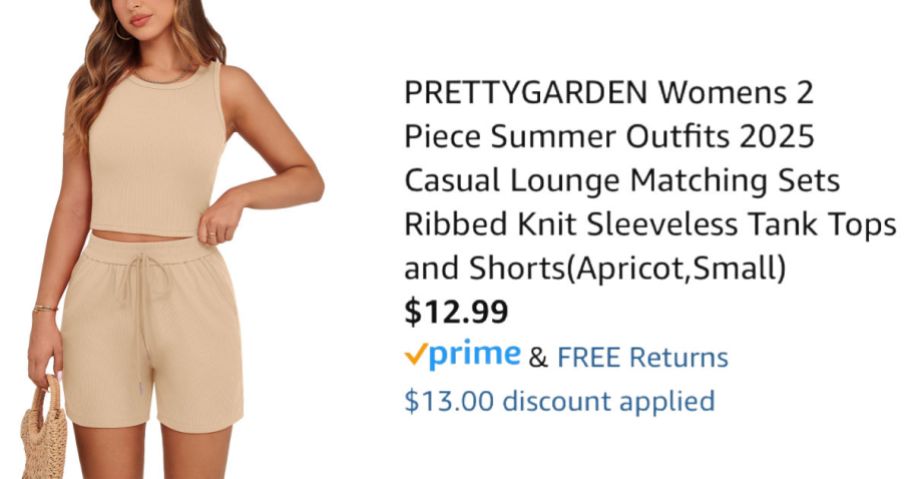 woman wearing sleeveless lounge set next to Amazon pricing information