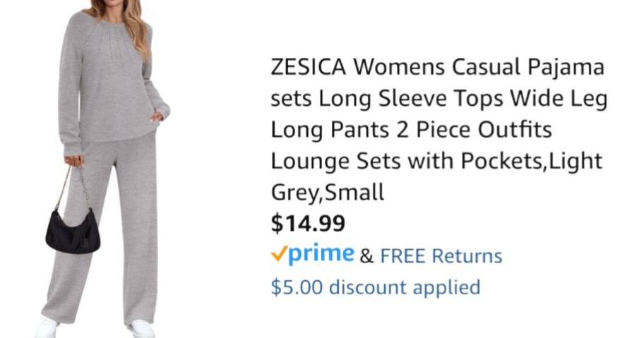 woman wearing gray lounge set next to Amazon pricing information