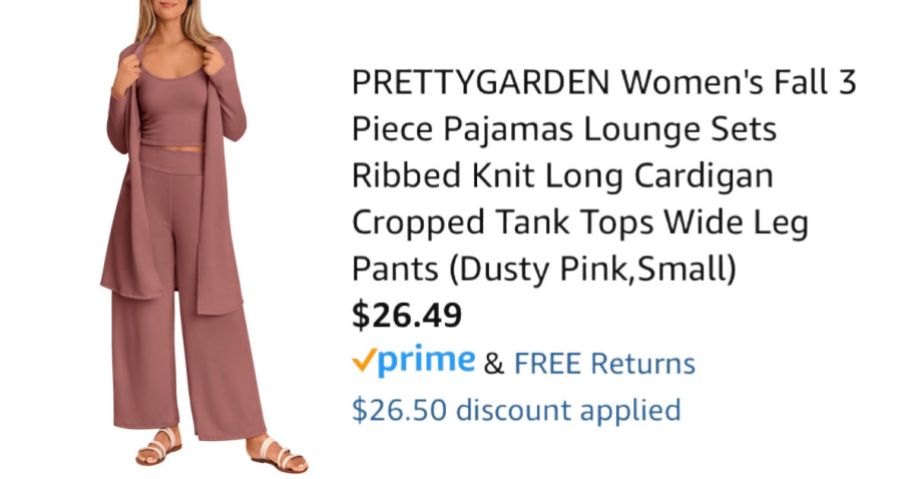 woman wearing pink lounge set next to Amazon pricing information