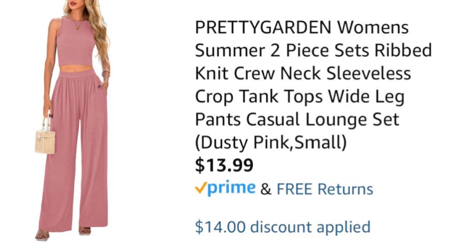 woman wearing pink outfit next to Amazon pricing information