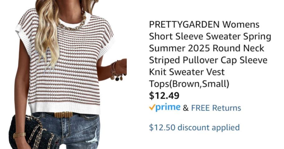 woman wearing striped top next to Amazon pricing information