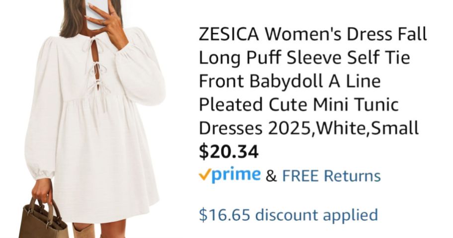 woman in white dress next to Amazon pricing information