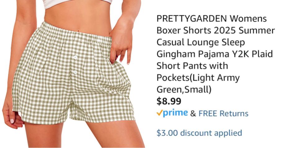 woman wearing shorts next to Amazon pricing information