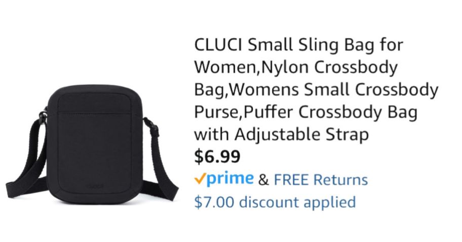 black sling bag next to Amazon pricing information