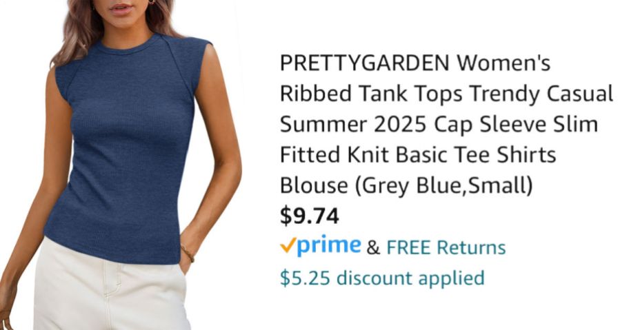 woman wearing blue sleeveless shirt next to Amazon pricing information