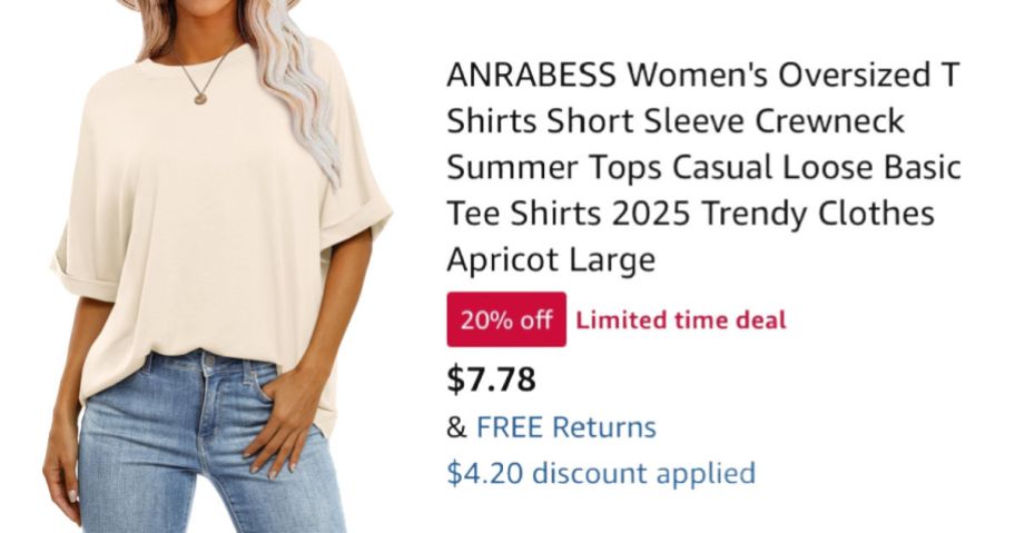 woman wearing beige shirt next to Amazon pricing information