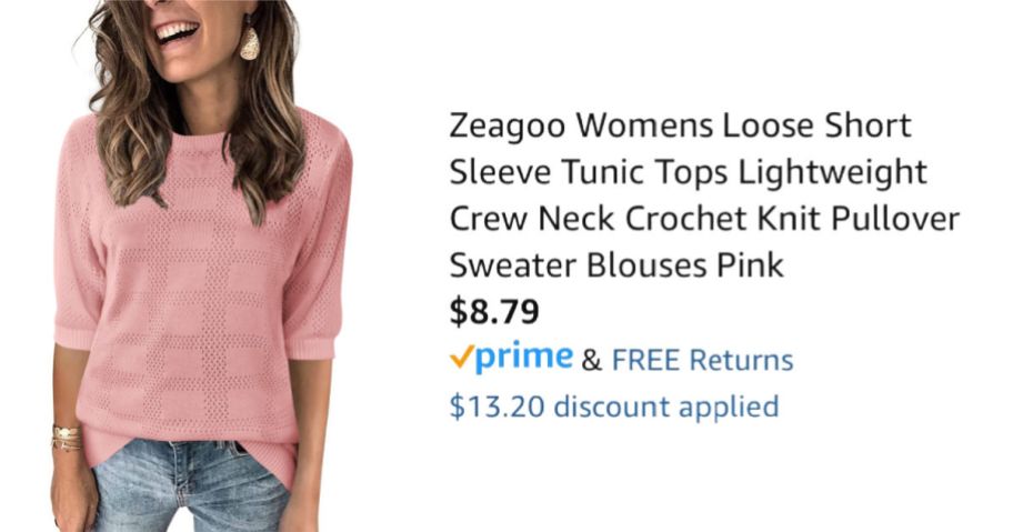 woman wearing pink sweater next to Amazon pricing information