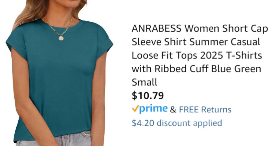 woman wearing teal shirt next to Amazon pricing information