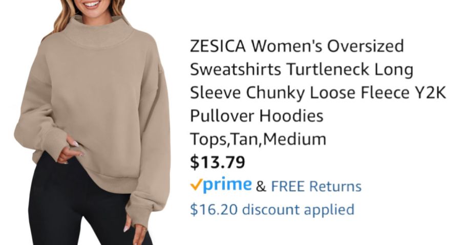 woman wearing tan sweatshirt next to Amazon pricing information