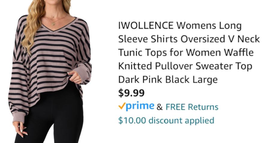 woman wearing striped shirt next to Amazon pricing information